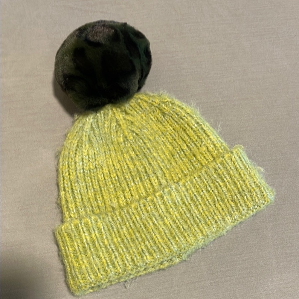 Anthropologie Kids Knit Chartreuse Beanie with Removable Pom Pom